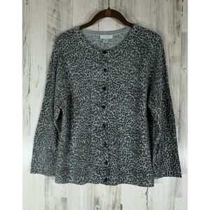 Garnet Hill Cardigan Sweater Size Medium Gray Leopard Merino Wool‎ Lightweight